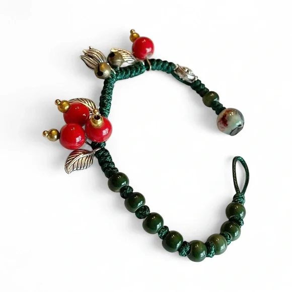 Holly Berry Red Bracelet Ceramic Beads Boho Green Silver Small Size - Picture 5 of 7
